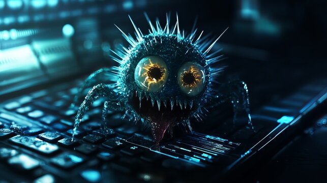 Spiky digital monster with glowing yellow eyes crawling over a dark computer keyboard in a high contrast cinematic blue lighting