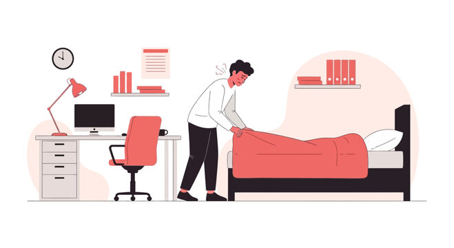 Tired Man Preparing Bed Before Beginning A Day With A Workstation At Home Setting