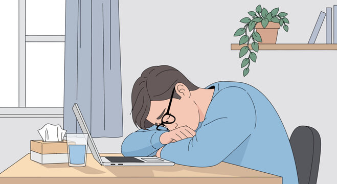 Tired Man Resting on Desk, Overwhelmed by Remote Work, Working from Home Environment