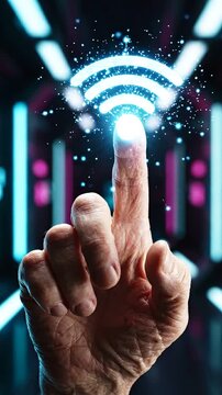 Exploring Connectivity: A Visual Journey Through the Futuristic Corridor of Wireless Technology and Interaction, Highlighting the Fusion of Humanity and Innovation