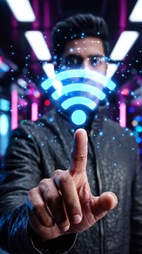 A Modern Connectivity Illustration: A Young Man Interacting with a Virtual WiFi Symbol in a Futuristic Environment Filled with Colorful Lights
