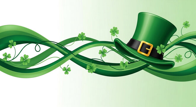 St Patricks Day horizontal banner with green leprechaun hat and abstract twisting ribbons decorated with shamrock clovers.