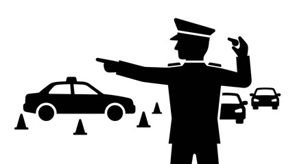 Police officer directs traffic flow at a busy intersection to maintain road safety and order for all commuters. © Berkah