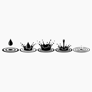  Water Drop Splash Sequence Silhouette, Black Liquid Ripple Vector Illustration Set