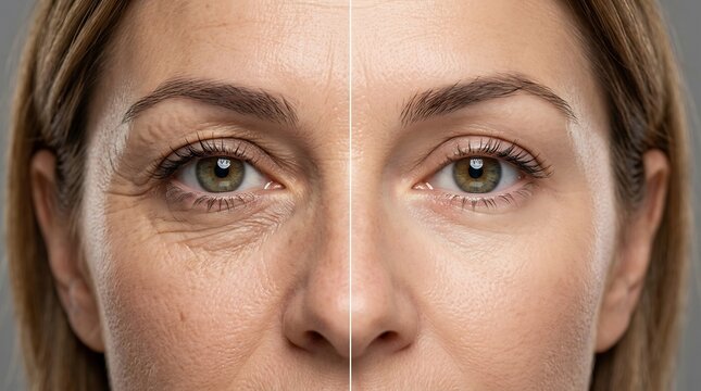 Split screen comparison of aged skin with wrinkles and smooth youthful skin after beauty treatment on a woman's face