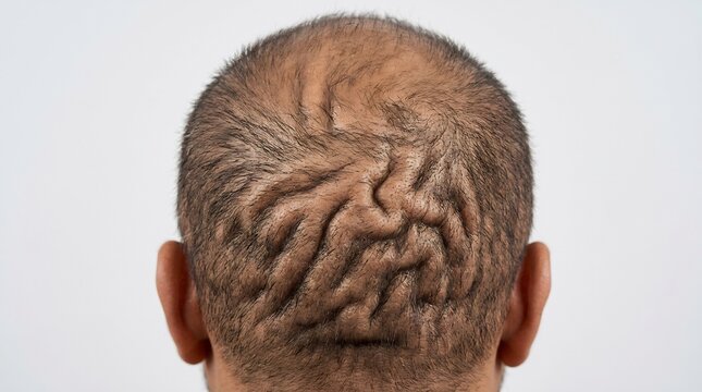 Surreal back view of a human head featuring intricate brain-like skin folds and convolutions on the scalp
