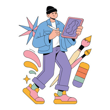 Young digital artist drawing on tablet with creative tools and colorful art supplies illustration