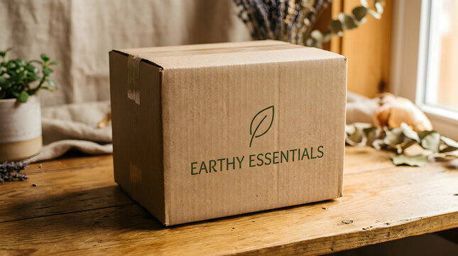 Cardboard shipping box with earthy essentials logo on a rustic wooden table