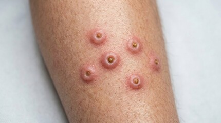 Fototapeta premium Close-up of inflamed skin lesions with central crusting on a human lower leg for medical illustration