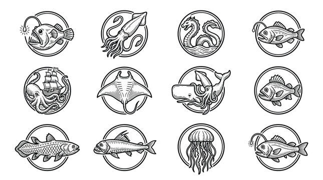 Fish sea creatures marine animals icons.