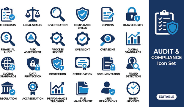 Audit and compliance icons outline regulatory standards and security procedures for enterprise risk management.