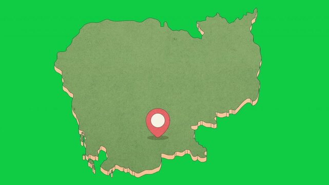 Animated Cambodia Map with Bouncing Location Marker on Phnom Penh City, Transparent Background, Alpha Channel, 4K resolution