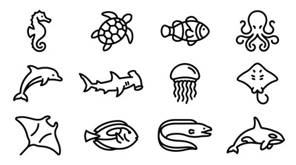 Marine animals line art illustrations set. © Bambang