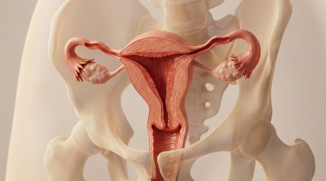 Reproductive system detail: uterus organ, menstrual cycle, female fertility, hormone balance, gynecology medicine, ovary produce, endometrium health, womb disorder, fallopian tube, pelvic bone.