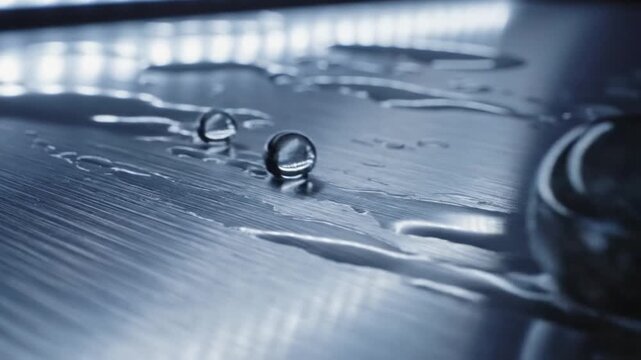 Clear glass marbles on wet metallic surface, abstract background, macro shot