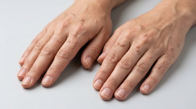 Close-up of human hands with skin condition showing raised papules and bumps on fingers and knuckles against a neutral background