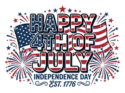 Transparent PNG available
happy 4th of july patriotic typography badge with stars and decorative stripes, american independence day celebration vector lettering design isolated