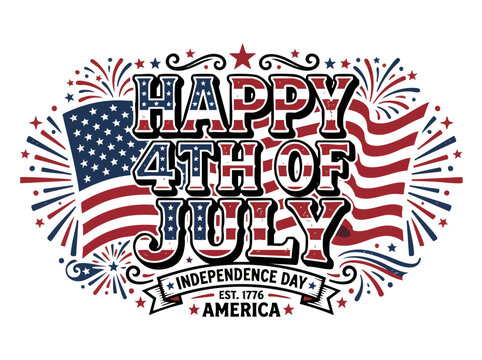 Transparent PNG available
happy 4th of july patriotic typography badge with stars and decorative stripes, american independence day celebration vector lettering design isolated
