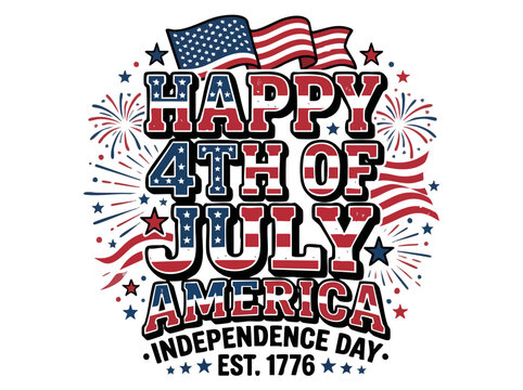 Transparent PNG available
happy 4th of july patriotic typography badge with stars and decorative stripes, american independence day celebration vector lettering design isolated