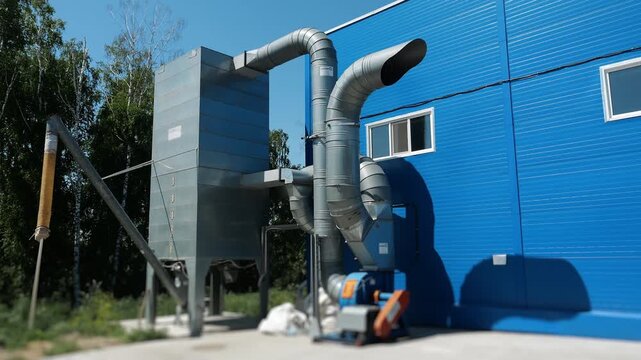 Exterior industrial dust collection and ventilation system with air ducts and filtration equipment installed at a modern manufacturing facility for air purification.