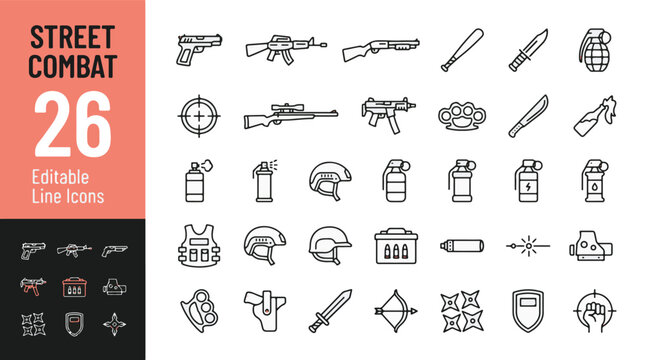 Street combat web icons in line style. Tactical weapons, firearms, grenades, defense, and military equipment collection. Professional armament outline icon set. Editable stroke vector illustration.