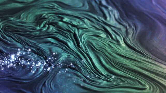 Swirling iridescent blue and purple glitter liquid abstract texture background