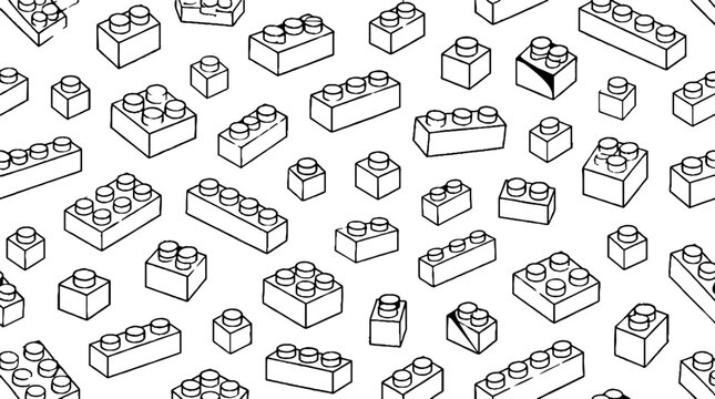 Assorted Lego bricks in black and white outline style.