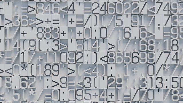 Monochromatic Close-Up of Overlapping Numbers and Symbols on Textured Surface for Data Science, Mathematical Analysis, and Financial Technology Backgrounds