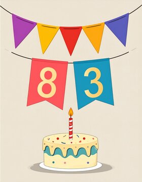 Festive Flag Garland and Cake with Number 83 for Birthday and Anniversary Party