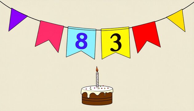 Festive Flag Garland and Cake with Number 83 for Birthday and Anniversary Party