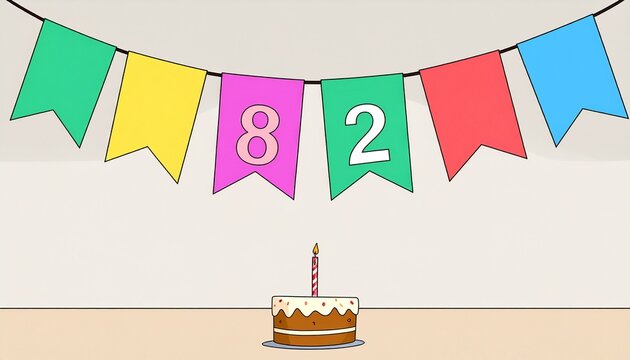 Festive Flag Garland and Cake with Number 82 for Birthday and Anniversary Party
