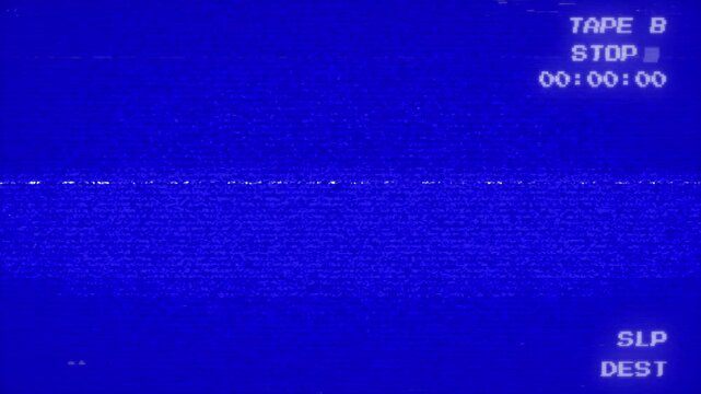 Vintage blue static tv screen with cassette playback interface suitable for nostalgic design projects, video editing, or retrothemed presentations.