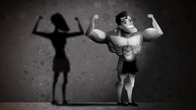 muscular bodybuilder with vigorexia casting the shadow of a thin man
