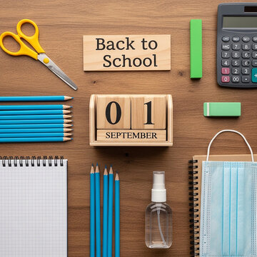 Back to School flat lay with calendar showing September 1 and various school supplies on wooden background.