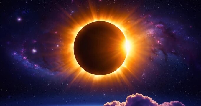 A stunning total solar eclipse with the sun's corona visible against a dark, star-filled cosmic sky and distant clouds.
