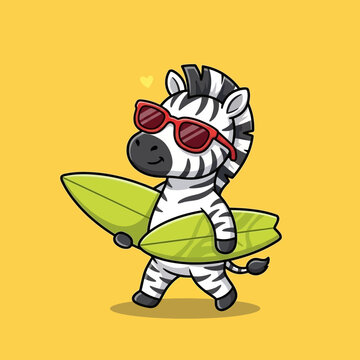 Cartoon zebra with surfboard sunglasses.