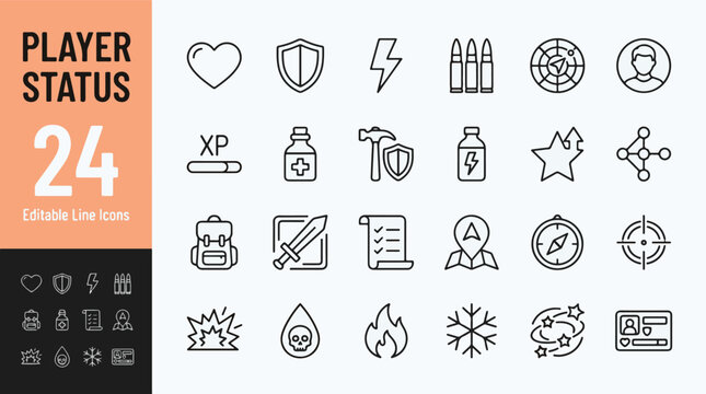 Player status collection with health defense energy ammo radar profile xp potion level up skill tree backpack sword quest map compass target poison fire ice editable line icons isolated vector graphic