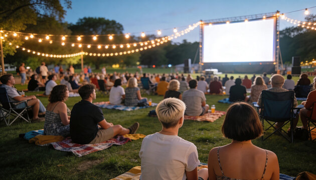 A group of people enjoying an outdoor movie screening in a park at dusk. Summer community event with a large blank screen for copy space