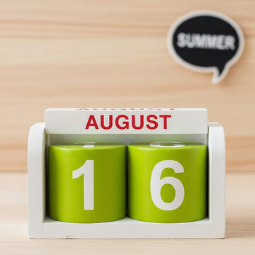 August 16th calendar date with a summer theme speech bubble on wooden background.