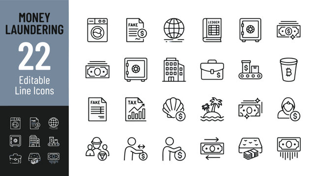 Money laundering icons containing financial crime tax evasion offshore banking crypto currency shell company illegal activities and asset hiding line editable icons vector illustration pack of 22 pcs.