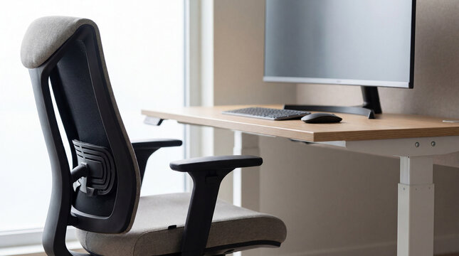 Modern ergonomic office setup with mesh chair and height adjustable standing desk. Computer monitor and wireless keyboard on a wooden surface. Professional workspace concept