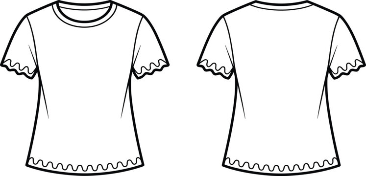 Fashion technical sketch of a women scallop hem short sleeve t shirt front and back view