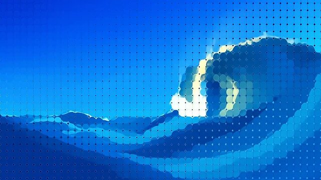 Abstract digital art of a blue ocean wave in a pixelated halftone style