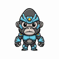 Fototapeta premium Cute mecha gorilla in blue armor, full body front view for mascot avatar, cartoon vector illustration with bright even lighting on white background.