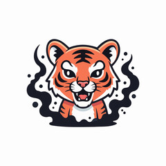 Obraz premium Cute cartoon tiger cub mascot frontal view close up growling with black smoke effect in flat vector illustration style isolated on white background.