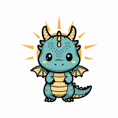 Fototapeta premium Cute turquoise baby dragon character, front view mascot design, flat vector cartoon illustration with sun halo, soft even lighting, isolated on white background.