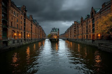 Obraz premium Historic brick canal view with moody reflections