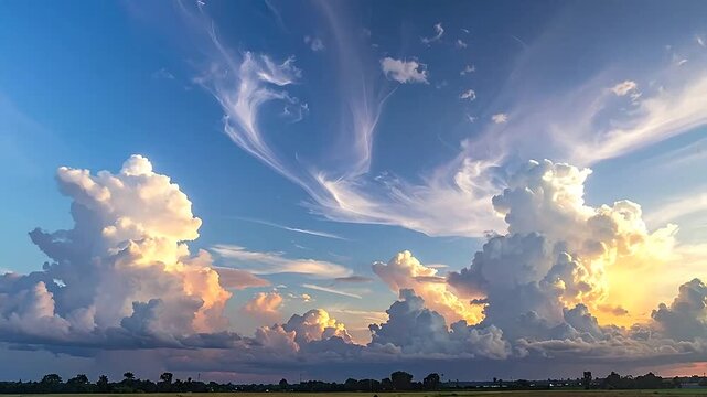 Dramatic cumulus clouds tower over a dark horizon under a vibrant blue sky at sunset
