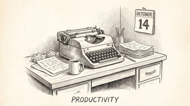 Vintage style office drawing showing a typewriter and calendar marking productivity with typewriter productivity calendar illustration workspace business workplace stationery administration