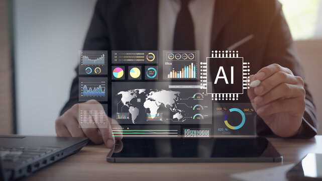 An AI-powered business analytics dashboard displayed on a tablet, providing real-time data on inventory, logistics, and automation insights.